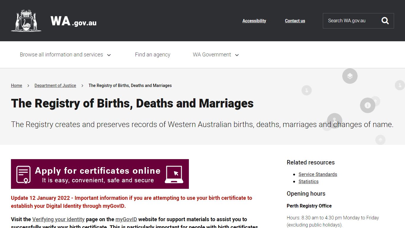 The Registry of Births, Deaths and Marriages - WA