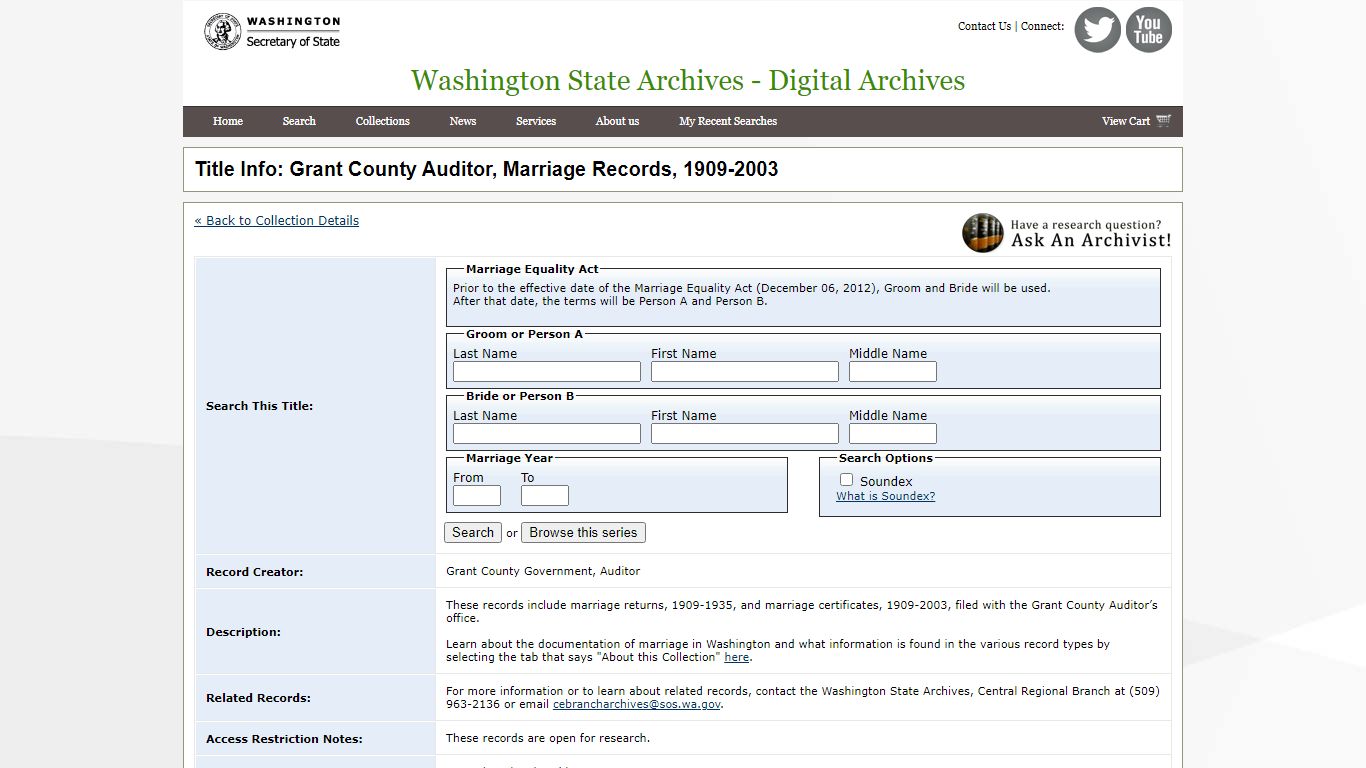 Title Info: Grant County Auditor, Marriage Records, 1909-2003